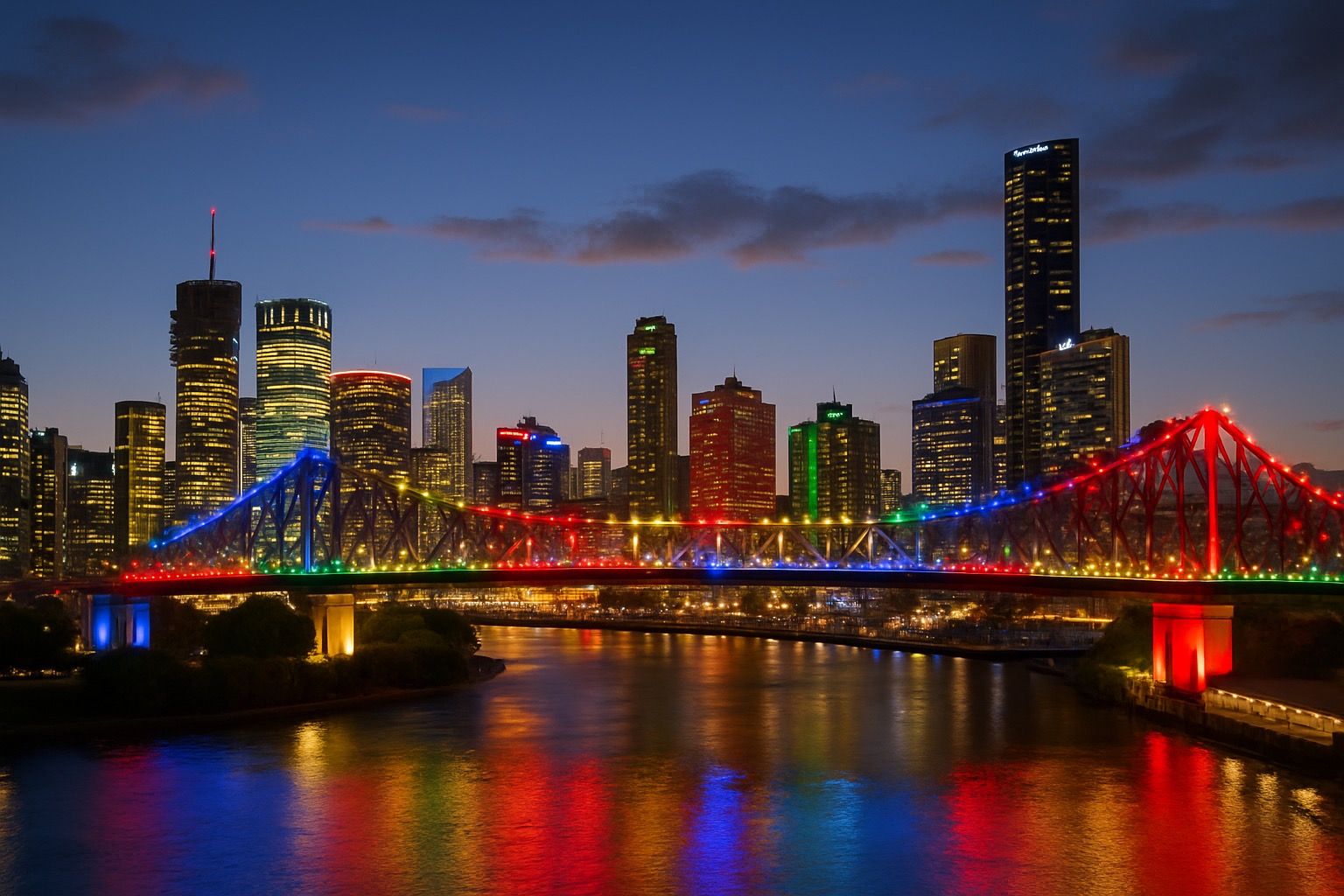 Kangaroo Point cliffs at dusk lit in party-coloured lights
